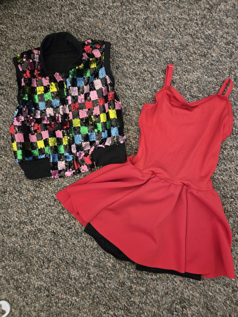 Kids Red Dance Costume Dress with Multicolor Sequin Vest